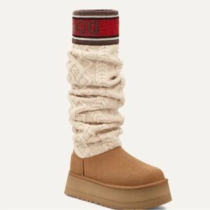 UGG PLATFORM CLASSIC SWEATER LETTER CREAM TAN WINTER KNIT BOOTS NEW SIZE 8
